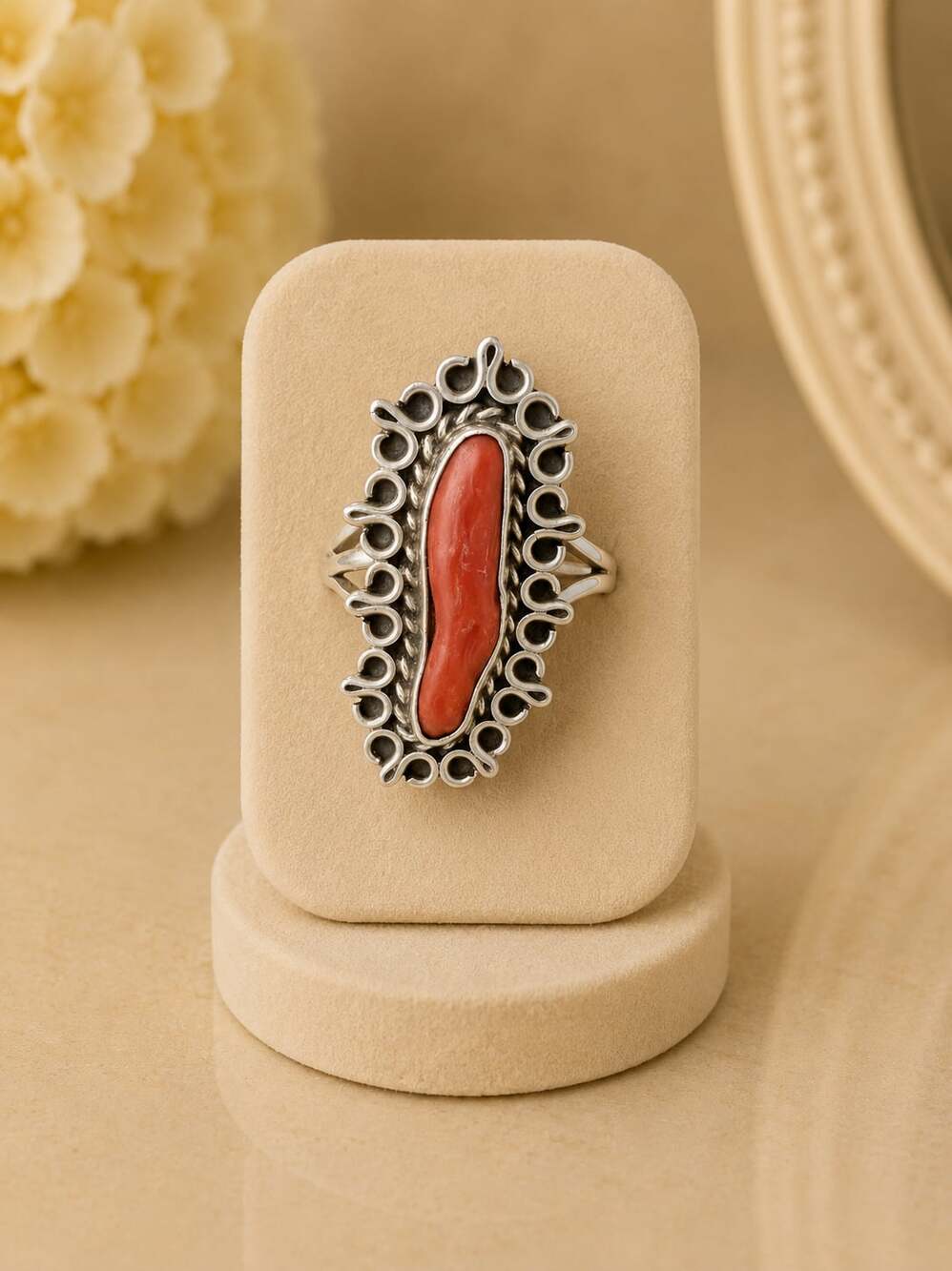 Vintage Handmade Native American Navajo Ox Blood Coral Sterling Silver Ring